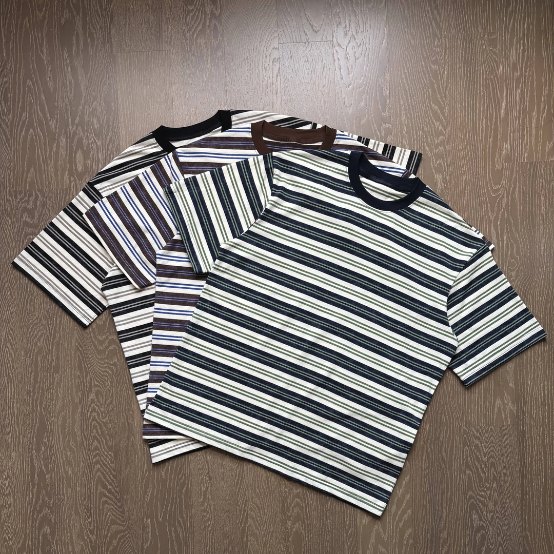 双纱混纺工艺~复古vintage水洗做旧条纹男女圆领短袖T恤美式