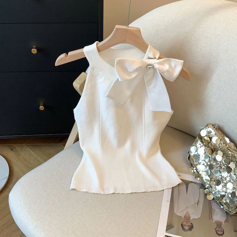 法式小香风露肩蝴蝶结针织吊带背心女时尚外穿弹力修身氛围感上衣