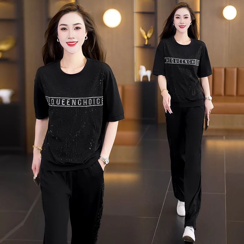 韩版休闲运动服女2025夏季新款宽松显瘦圆领T恤阔腿裤两件套潮流