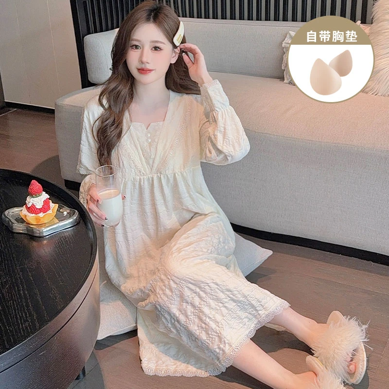 法式宫廷风带胸垫睡裙女款春秋季女士长袖睡衣裙加肥加大码家居服