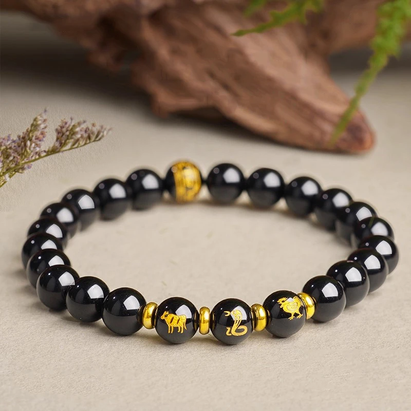 黑曜石手串女士属蛇本命年三合生肖手链男女款佛珠护身符