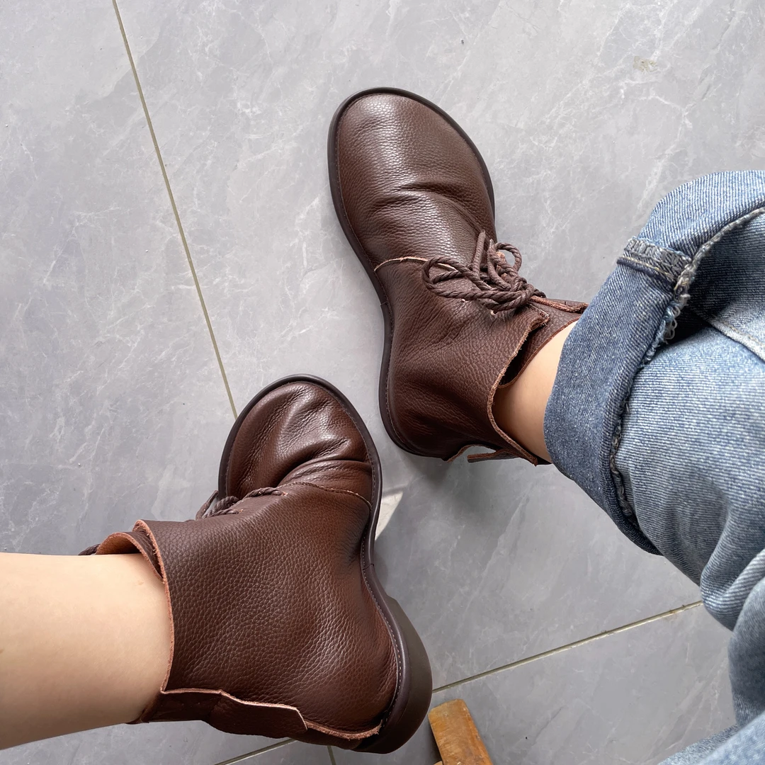 大码41到43码袜子短靴复古头层牛皮马丁靴休闲圆头百搭女宽胖脚44