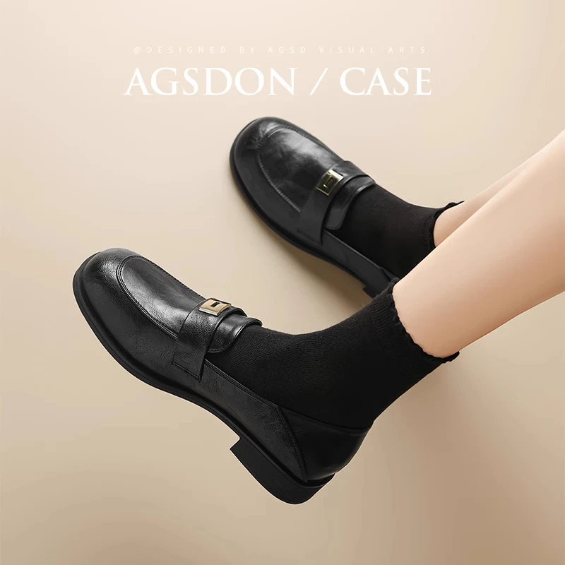 /奥古狮登厚底乐福鞋女2025新款秋冬黑色单鞋英伦小皮鞋通勤软底Q