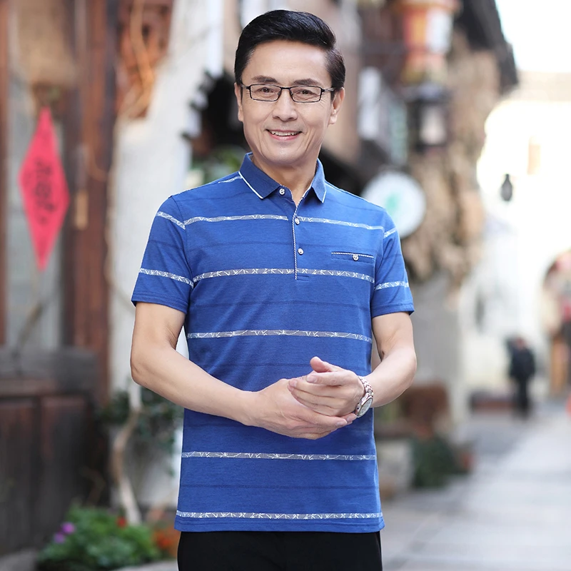爸爸夏装棉质短袖t恤男中老年翻领口袋POLO衫男装父亲节服