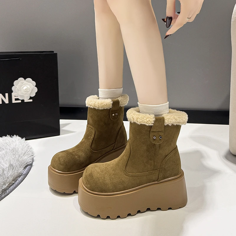 8CM厚底雪地靴女2025新款冬季增高毛毛短靴子加绒保暖东北大棉鞋