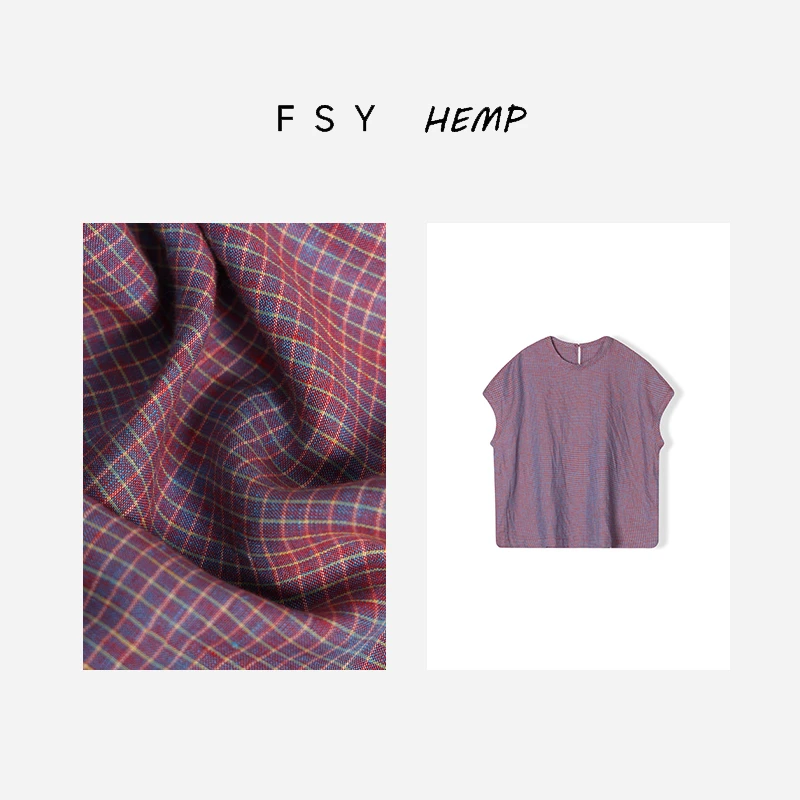 高端蓝紫渐变色织亚麻【小衫】格纹视错觉上衣格子T透气女FSY50442