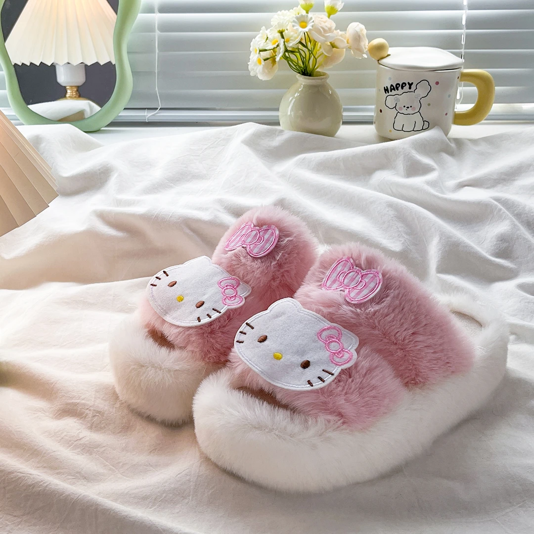 网红卡通可爱凯蒂猫毛毛拖鞋女外穿2025新款秋冬厚底居家保暖棉拖