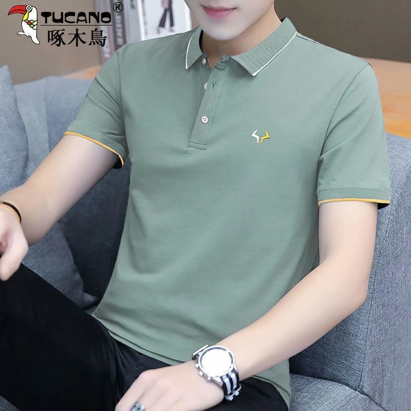 啄木鳥2025夏季韩版棉质短袖绣花纽扣装饰潮男休闲polo衫薄款中青