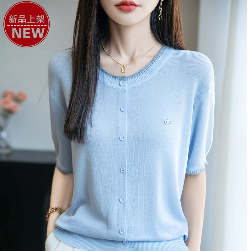 2025夏季新款时尚撞色圆领边优雅欧若风气质短袖休闲百搭针织开衫
