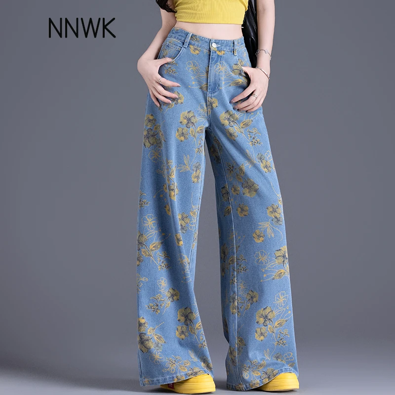 复古风印花牛仔裤女款爆款2025新款宽松慵懒风裤子春秋高腰阔腿裤