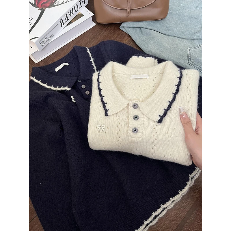 白色蝴蝶结钩花翻领纽扣针织衫搭裙子氛围感早秋穿搭毛衣2025秋季