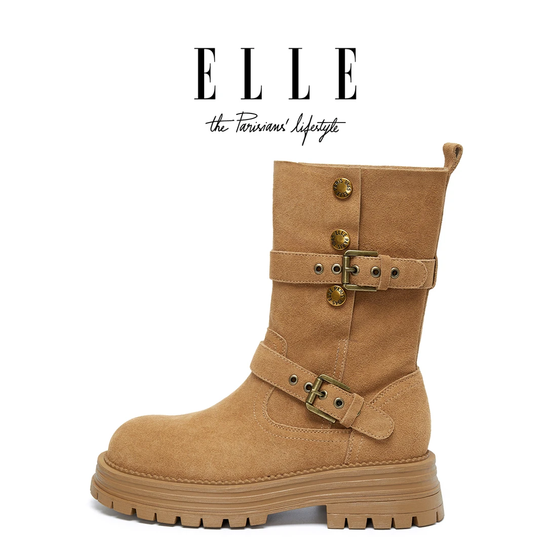 ELLE都市游牧风西部靴女2025新款可翻折两穿马丁靴皮带扣中筒靴子