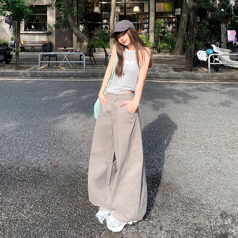 ZZR美式复古高腰宽松阔腿牛仔裤女夏季灰色薄款透气百搭镰刀裤