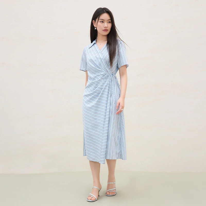 独束大码女装围裹式衬衫连衣裙衬衫翻领中长款连衣裙25DS82142