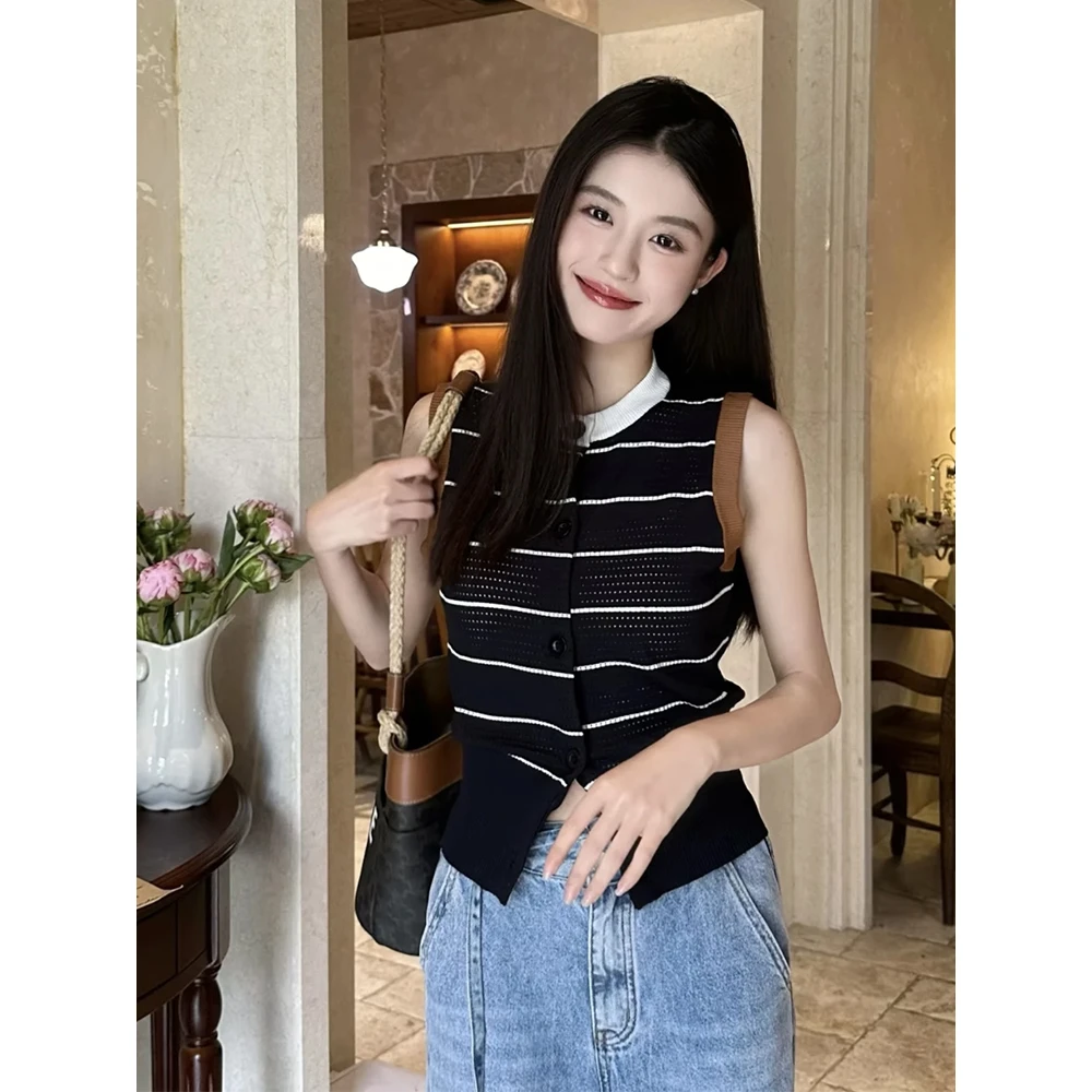 针织镂空短款夏季复古马夹宽松休闲条纹时尚圆领纯色女薄款