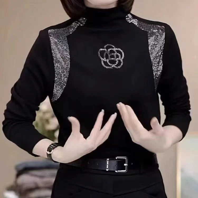 春秋打底衣弹力搭配T恤时尚搭配玫瑰花中高领上衣修身妈妈保暖衫