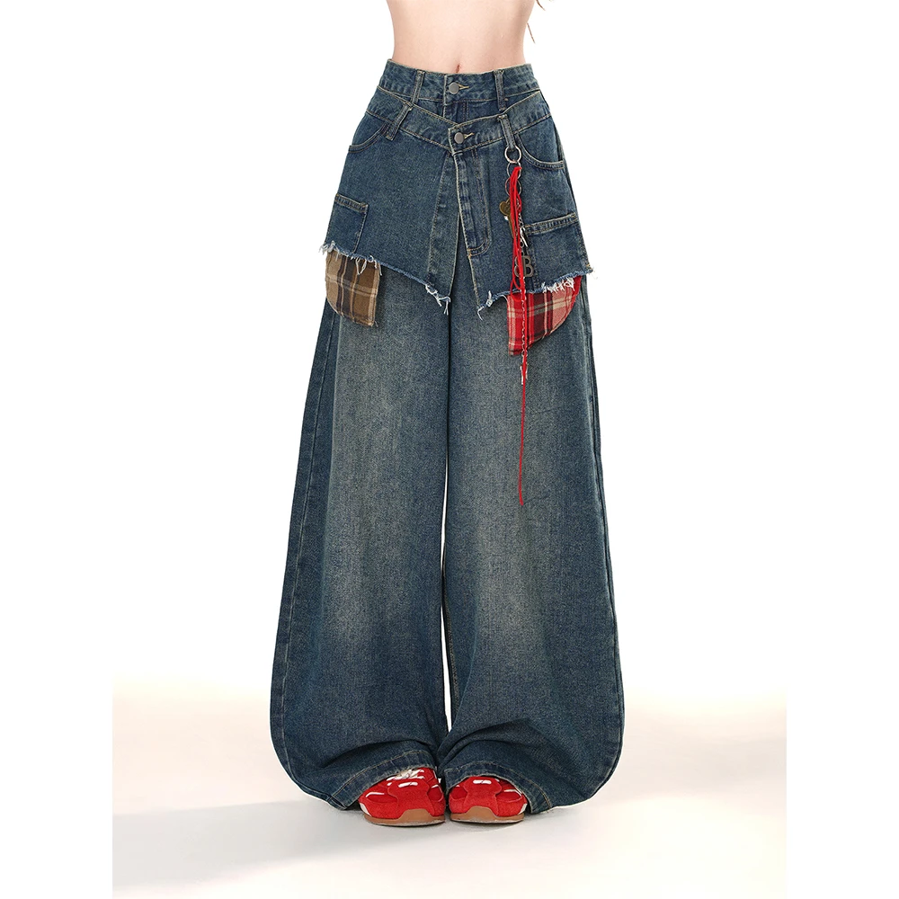 【运费补贴5-8元】假两件格子拼接阔腿牛仔裤女2025夏季新款1508#