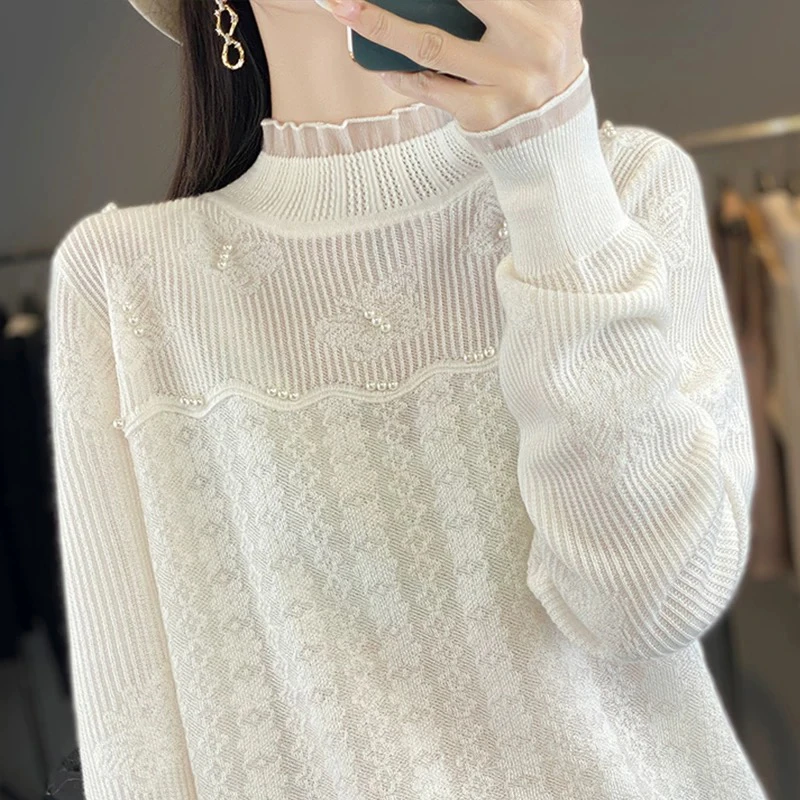 蕾丝领钉珠长袖针织打底衫女春季新款小众显瘦宽松针织打底衫上衣