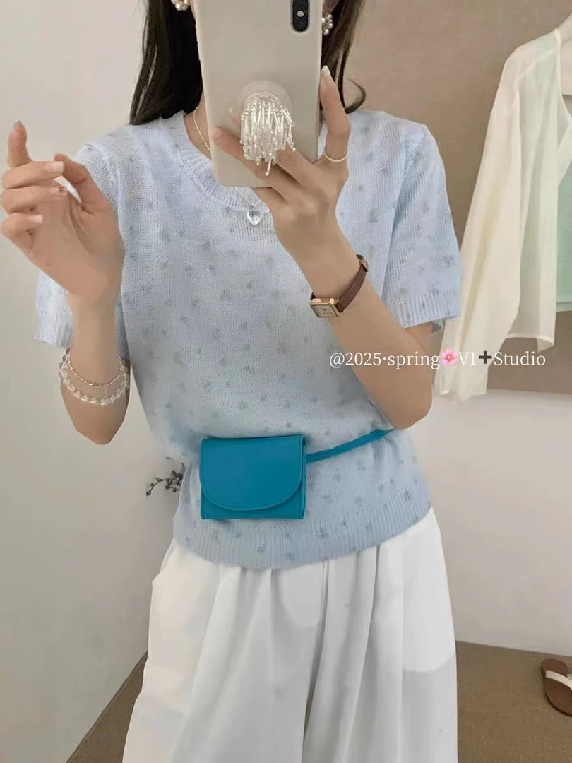 韩系小碎花圆领针织衫2025夏季新款宽松简约别致短袖小衫上衣女