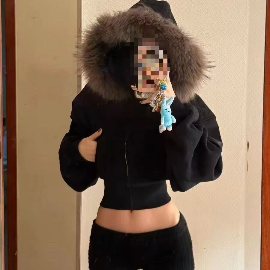 惠存家慵懒风女宽松型连帽短款拉链卫衣百搭女款女装