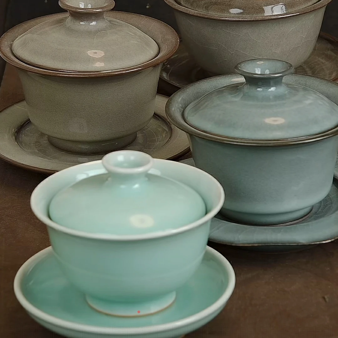 三才盖碗系列陈卫武黑胎窑变龙泉青瓷手工瓷功夫茶具家用泡茶器具