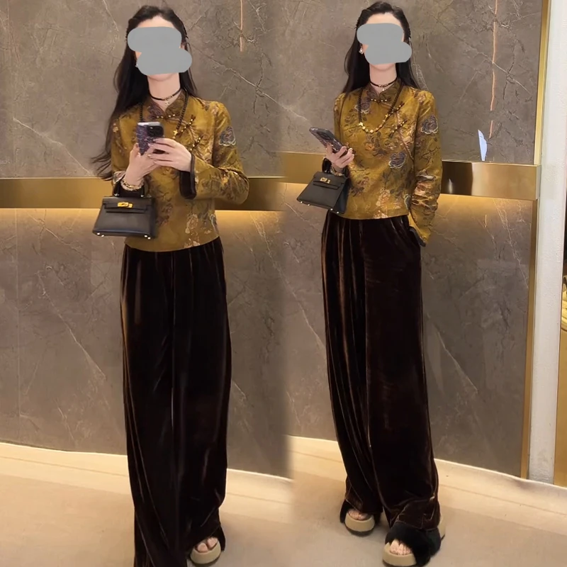 2025春秋新款显瘦浮光金映洋气百搭长袖上衣丝绒洋气直筒裤两件套