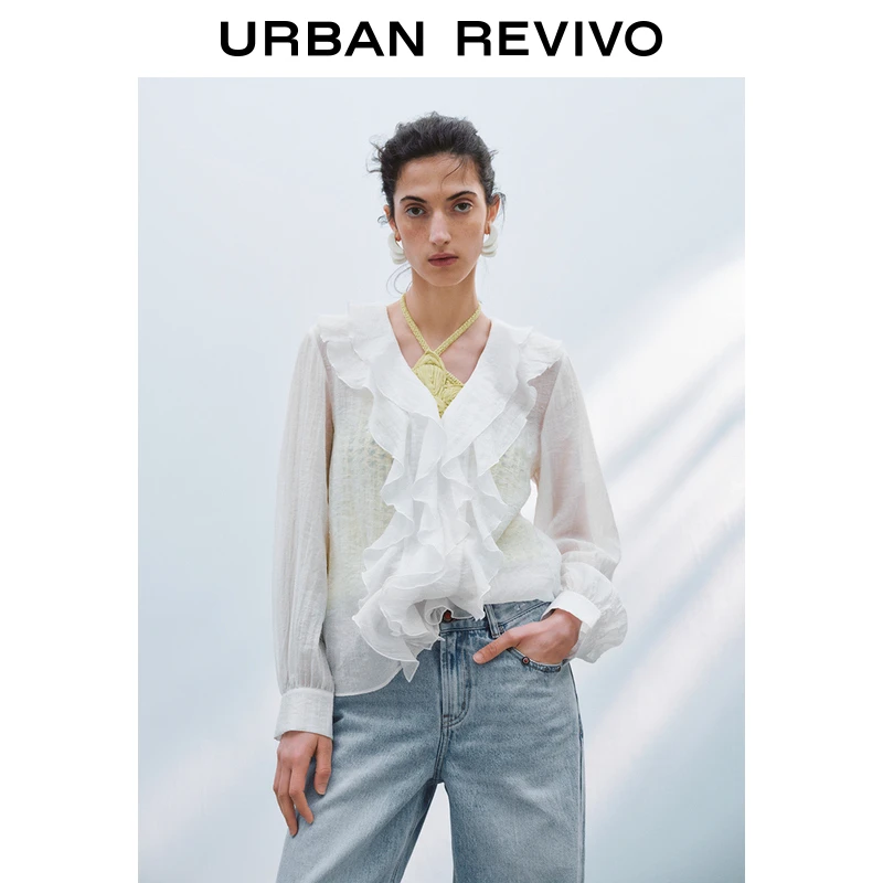 UR2025春季新款女装法式气质荷叶边长袖罩衫衬衫UWH250069
