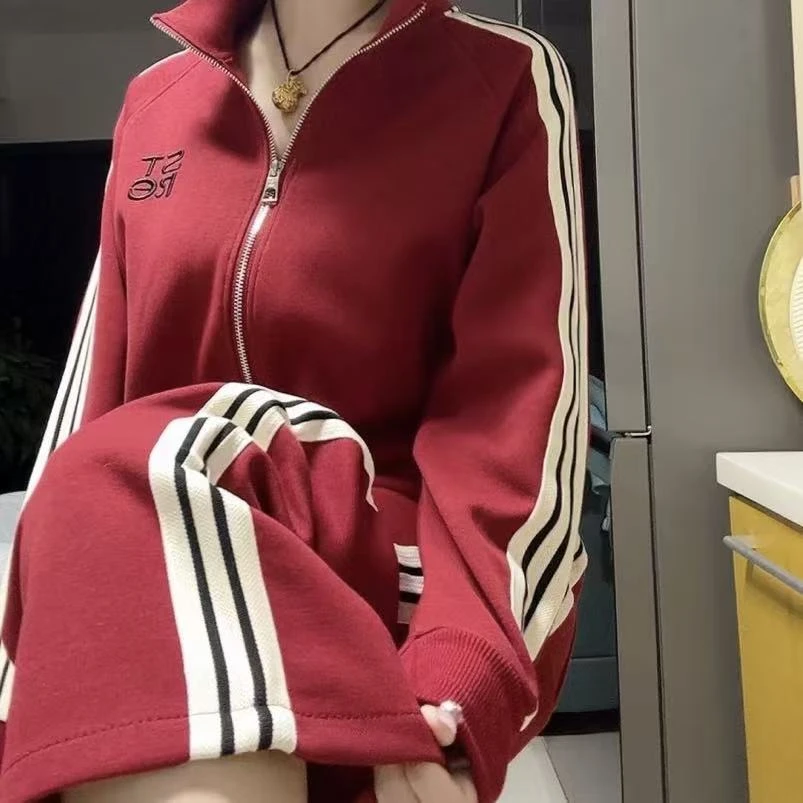 时尚高档休闲外套阔腿裤套装2025秋新款字母标侧条气质运动两件套