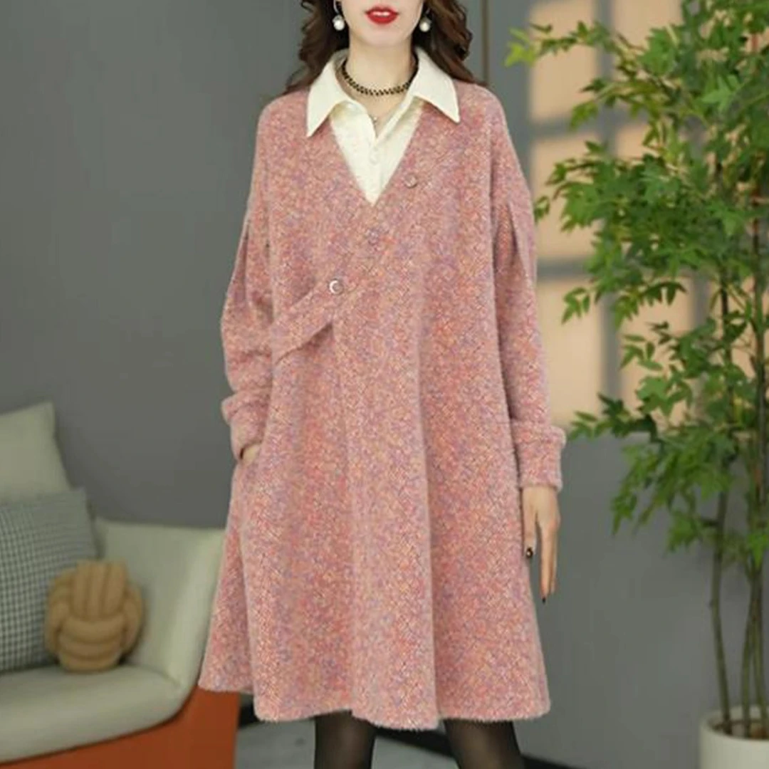 冬季加厚保暖假两件连衣裙C时尚气质宽松中长款复古减龄宽松裙子