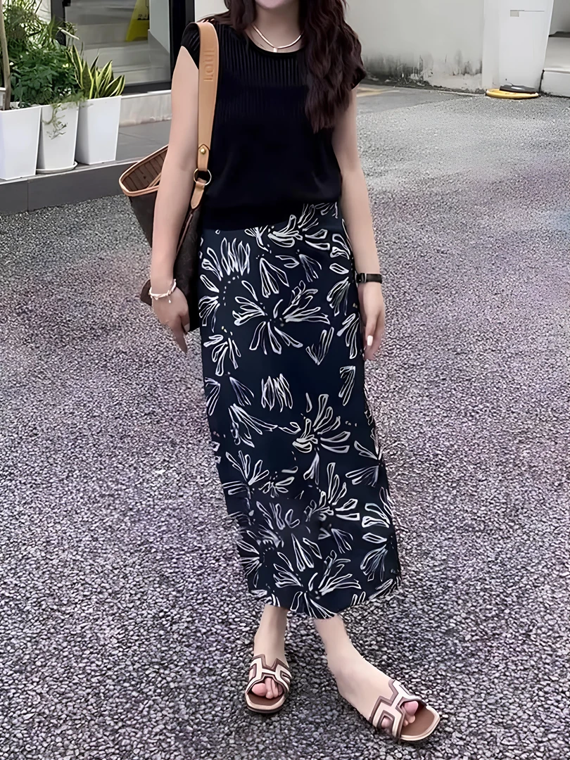 夏日藏蓝印花百搭直筒裙女2025夏季新款显瘦遮肉洋气时尚半身裙