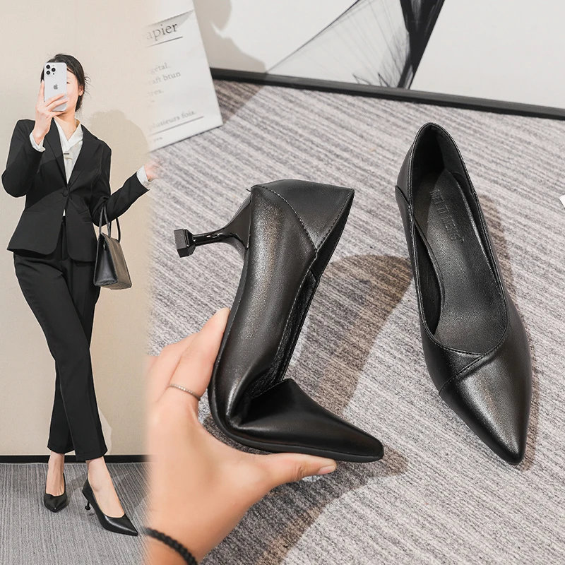 单鞋女尖头黑色职业工作鞋浅口高跟鞋气质性感细跟不累脚百搭女鞋