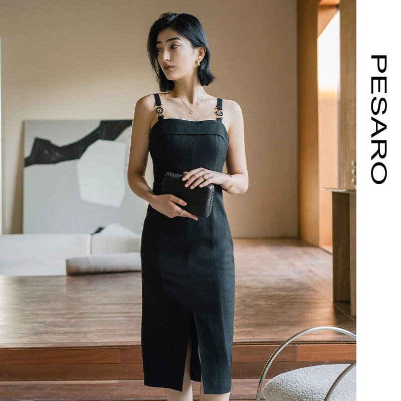 PESARO蕙玲女装夏季优雅气质麻肌理醋酸修身吊带连衣裙4109-2005
