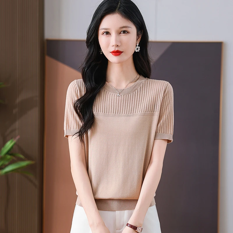 100%莱赛尔天丝圆领镂空纯色短袖针织衫8250-660显瘦休闲百搭夏季