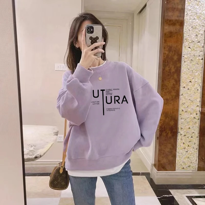 假两件圆领卫衣女2025新款秋冬宽松外套加绒加厚拼接上衣春秋薄款