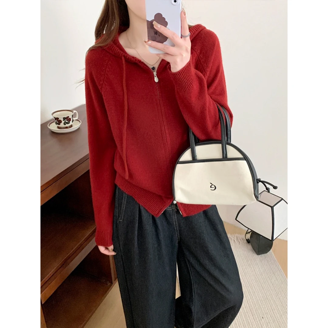 【连帽拉链开衫】拉链连帽针织开衫女新款毛衣外套 ZZ-6758