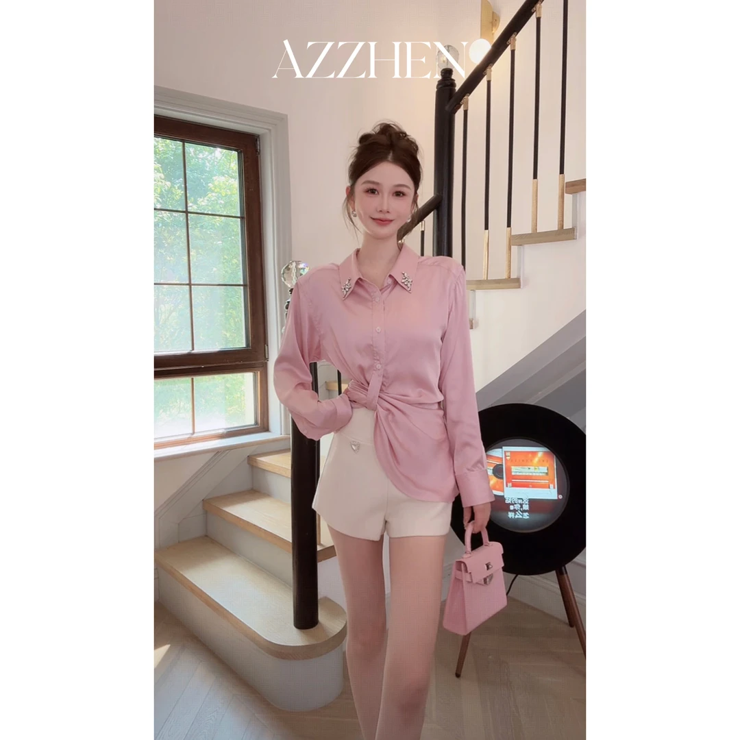 AZZHEN【悸动旋律】简约收腰抽褶烫钻百搭气质时尚衬衣AZ5BSC10衬衫