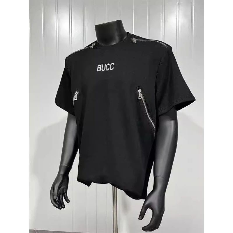 解构拉链垫肩短袖男款美式高街打底体恤衫高街重磅夏季t恤半截袖