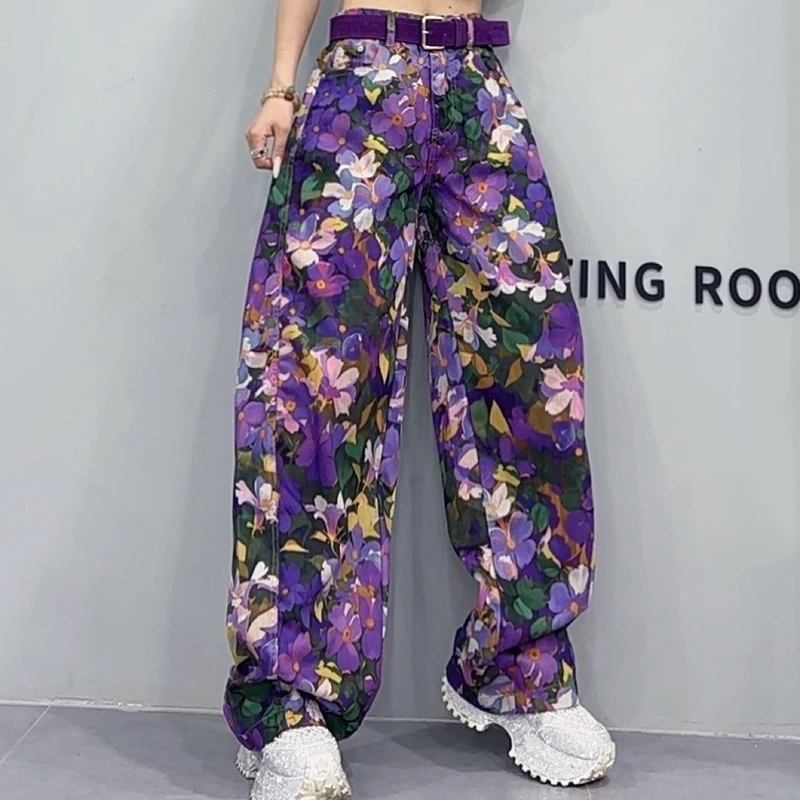 夏季新款高腰弯刀裤阔腿裤女2025时尚宽松休闲拖地裤花裤子-7021