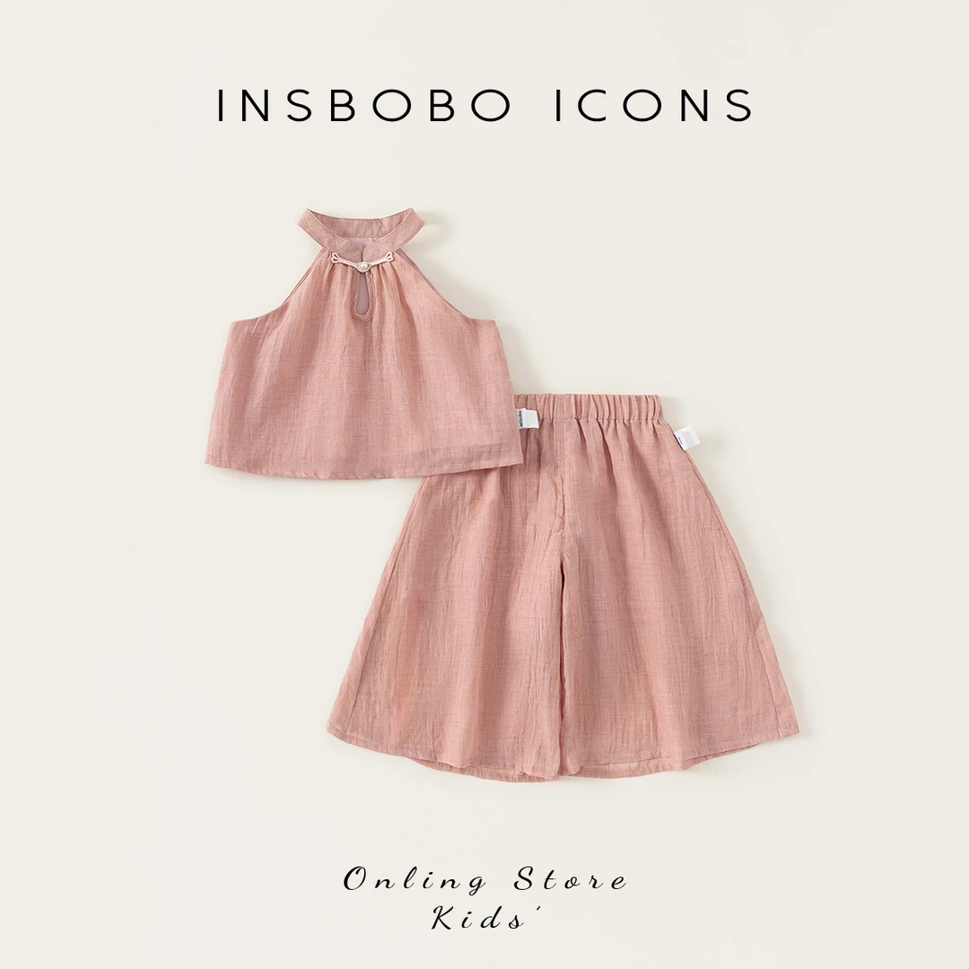 INSbobo儿童休闲套装无袖旗袍领上衣夏季纯色阔腿七分裤潮XT25144