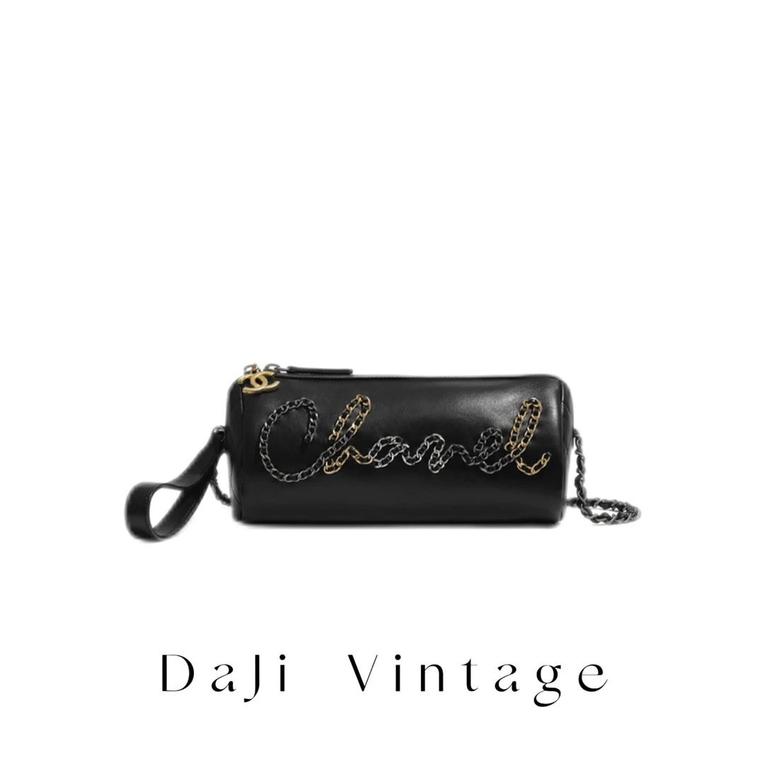 95新 Chanel/香奈儿 大吉中古3/黑金圆筒保龄球斜挎包