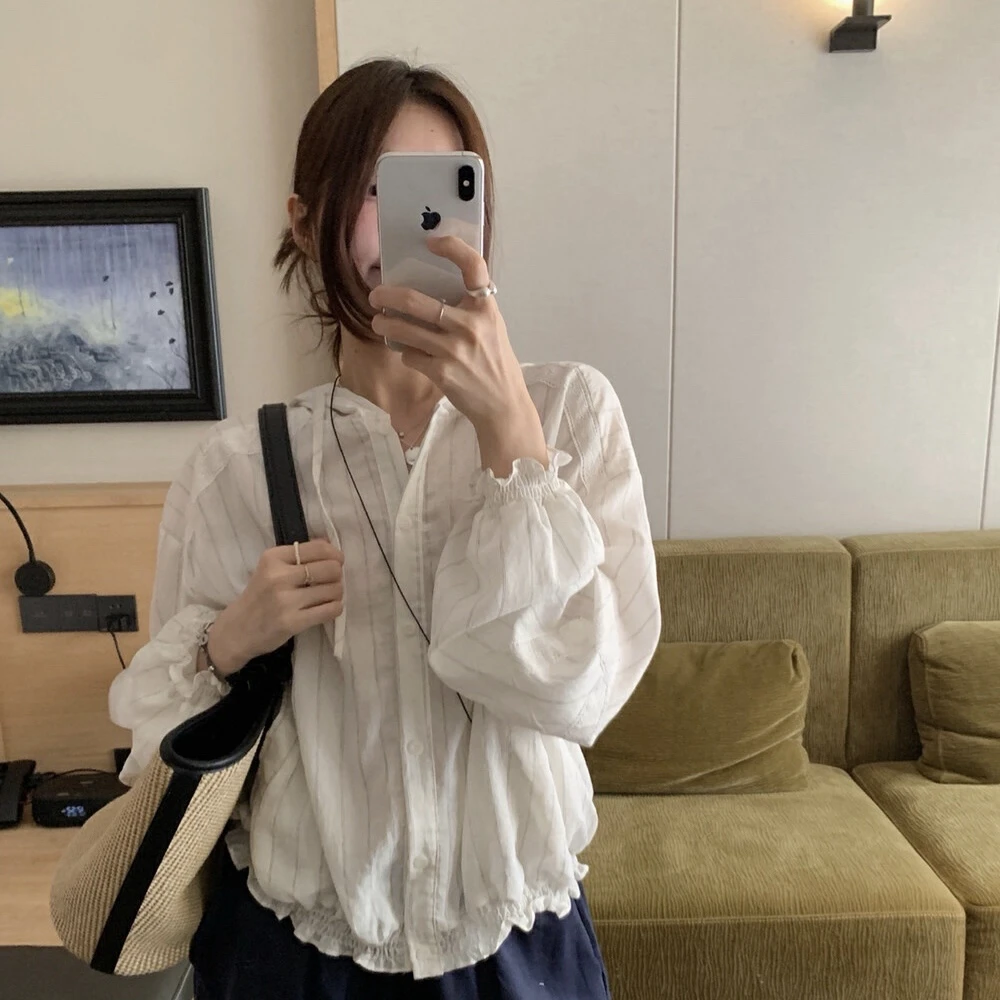 Cute Club 甜美风简约条纹薄款连帽防晒衬衫夏季宽松休闲百搭上衣