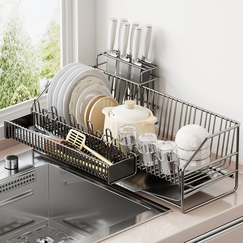 优勤家用厨房沥水篮日本加厚不锈钢台面碗碟筷收纳架多功能沥水架