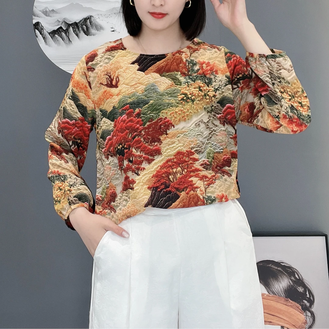 游园花海2025春季新款圆领长袖精品女士中老年上衣时尚百搭小衫