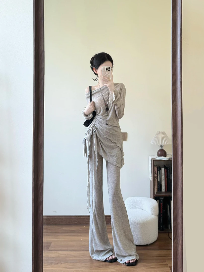 2025春夏季新款修身显瘦设计感斜肩上衣休闲宽松直筒长裤两件套女