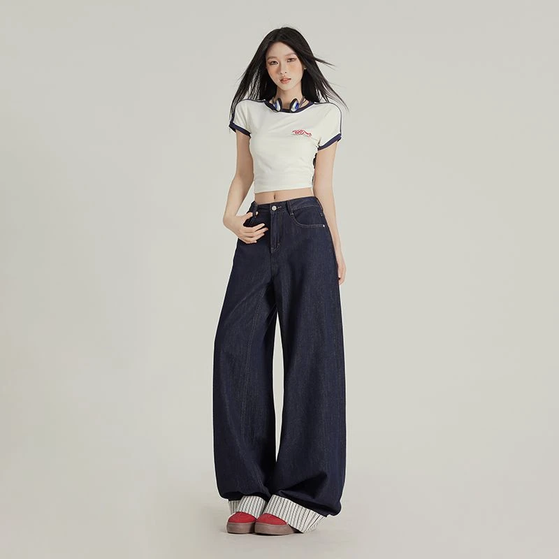 丹宁蓝高腰阔腿牛仔裤女2025春季新款百搭条纹拼接设计感拖地裤子