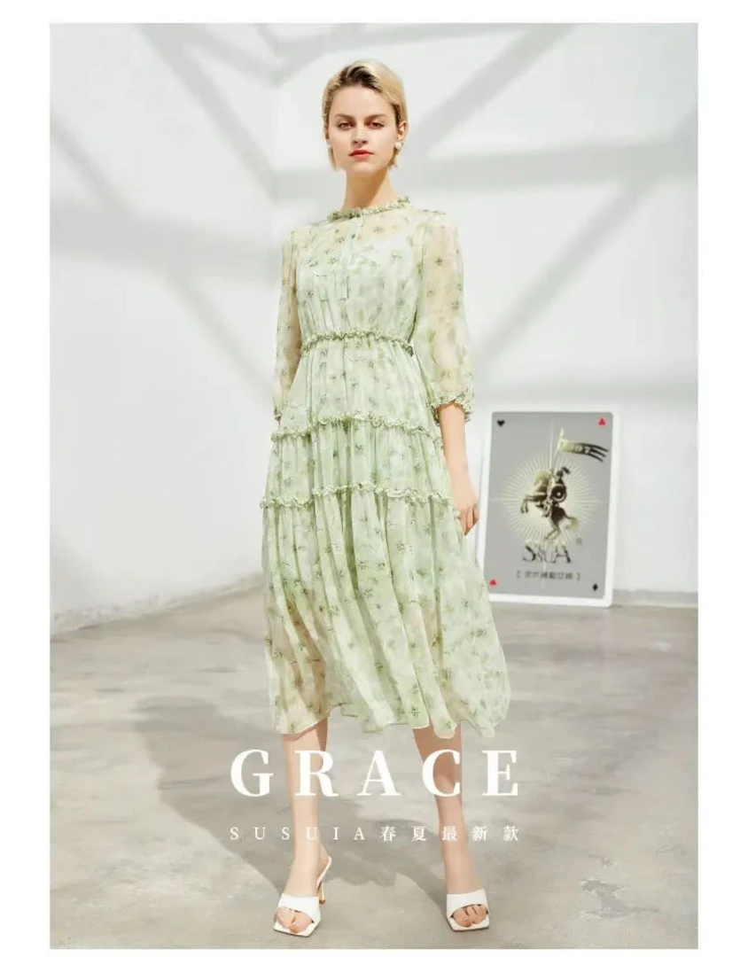 印花荷叶领A字裙常规袖连衣裙夏季女装碎花显瘦气质优雅长袖时尚