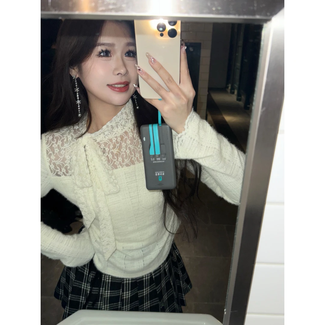 QC李潇洒微胖大码设计感半高领蕾丝蝴蝶结飘带修身显瘦针织衫