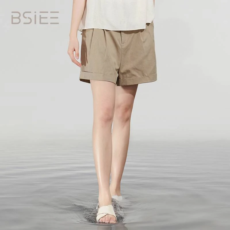 BSiEE本涩腰带口袋盖短裤显瘦休闲裤时尚百搭阔腿宽松纯色