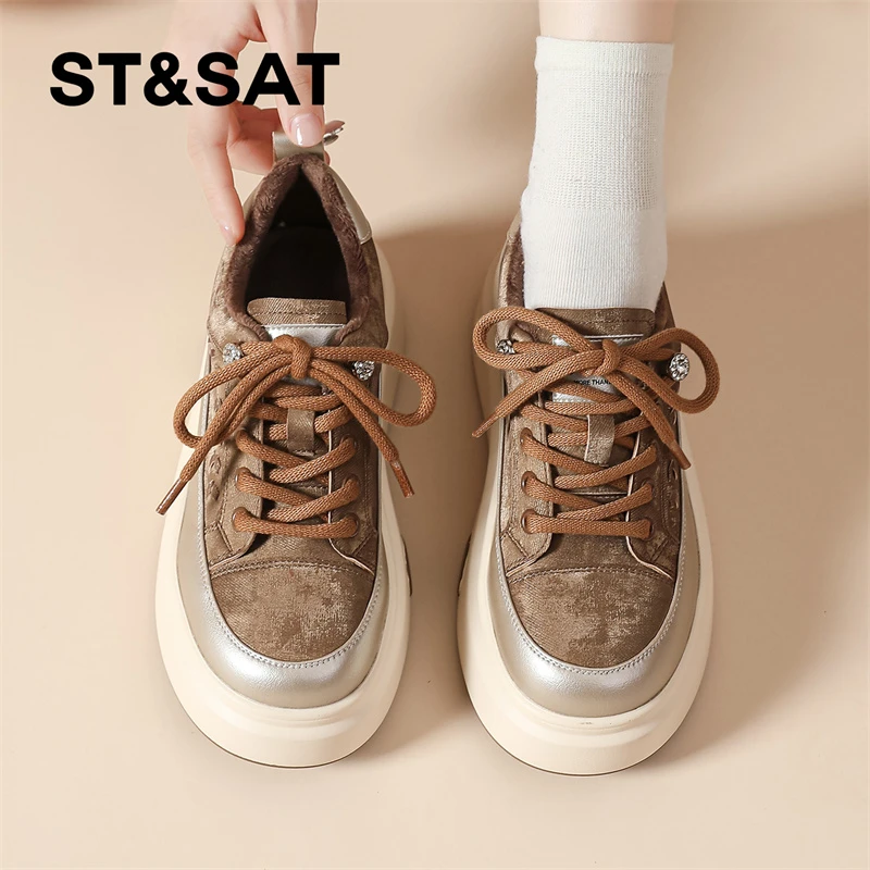 星期六可可棕加绒保暖休闲鞋女2025新款冬季复古单鞋学院风松糕鞋