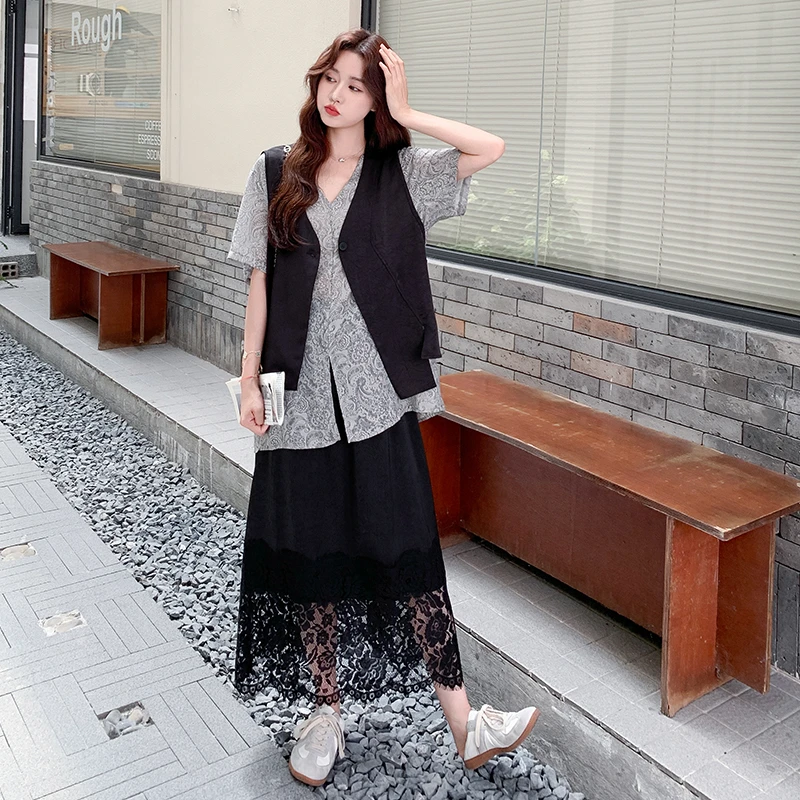 气质一整套ootd穿搭夏季爆款提花V领短袖黑色马甲蕾丝拼接半身裙
